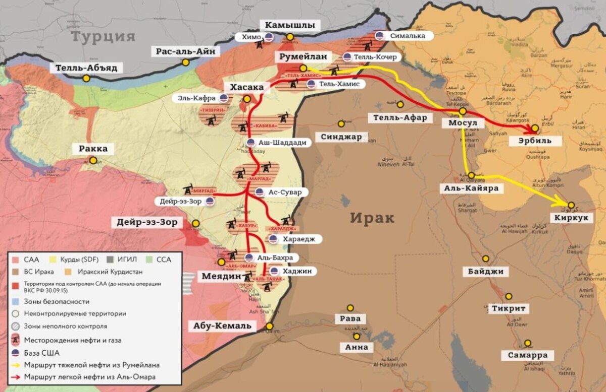 Маршрут вывоза сирийской нефти в Ирак силами курдов под управлением военных США