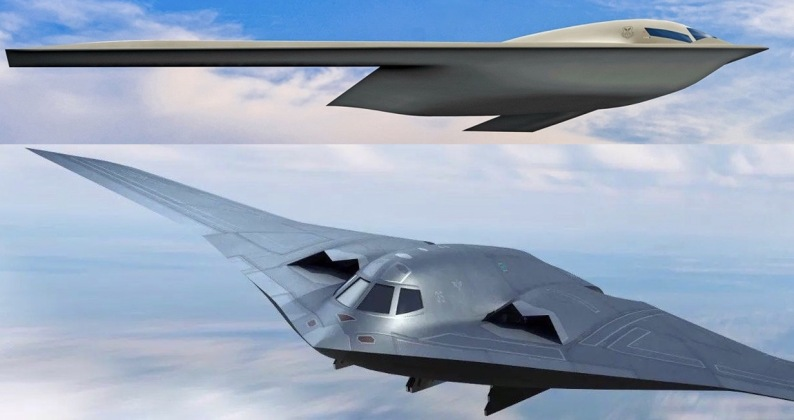 Американский бомбардировщик B-21 (вверху) и китайский бомбардировщик H-20 — неофициальные художественные представления внешнего вида будущих самолётов