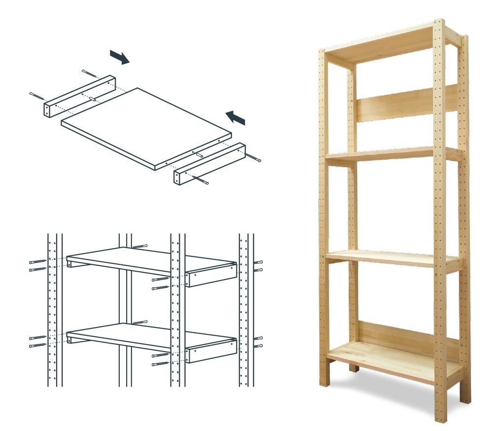 схема сборки стеллажа из дерева