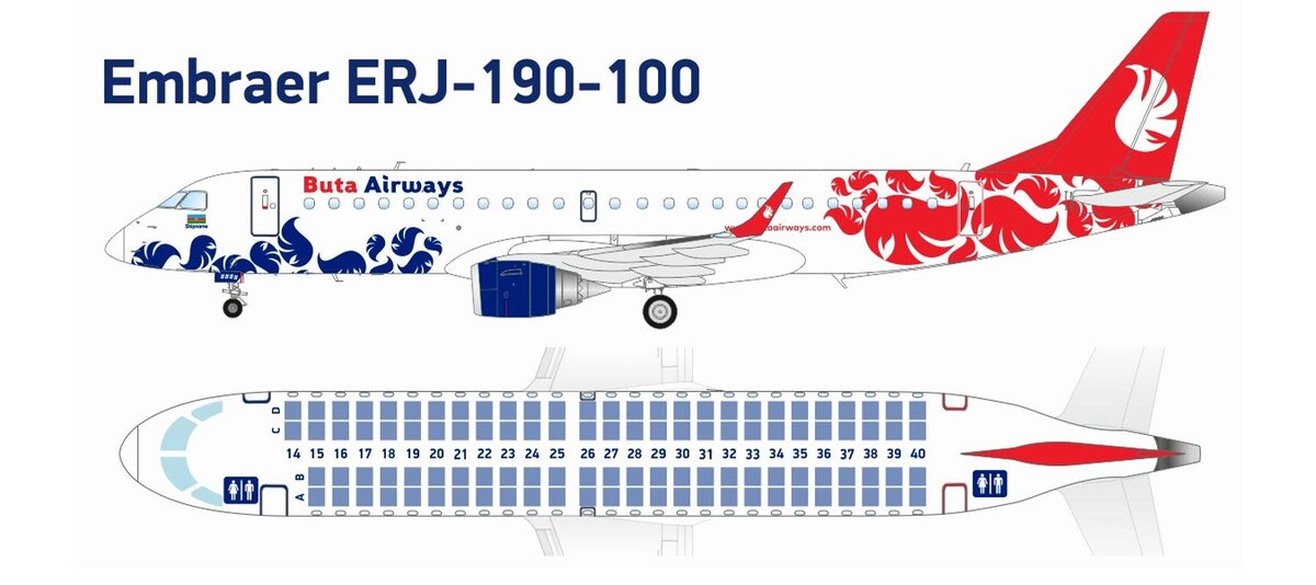 Схема расположения кресел в Embraer 190AR авиакомпании Buta Airways