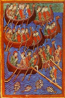  
Датские воины на пути в Англию.
Миниатюра XII века.
Общественное достояние.