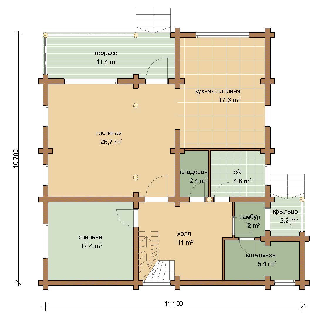  Общая площадь: 163.8 м² Террасы,балконы: 23,4 м² Габариты: 10.7x11 м Высота конька: 8.7 м Наружные стены: Оцилиндрованное бревно д. 240 мм возможна реализация в других диаметрах или в брусе.-2