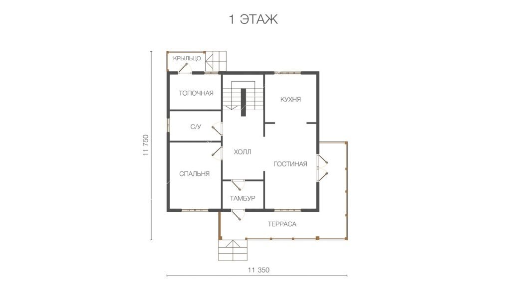 Планировка первого этажа на примере проекта Нарви. Общая зона функционально разделена на холл, кухню и гостиную. Имеется выход на крытую террасу