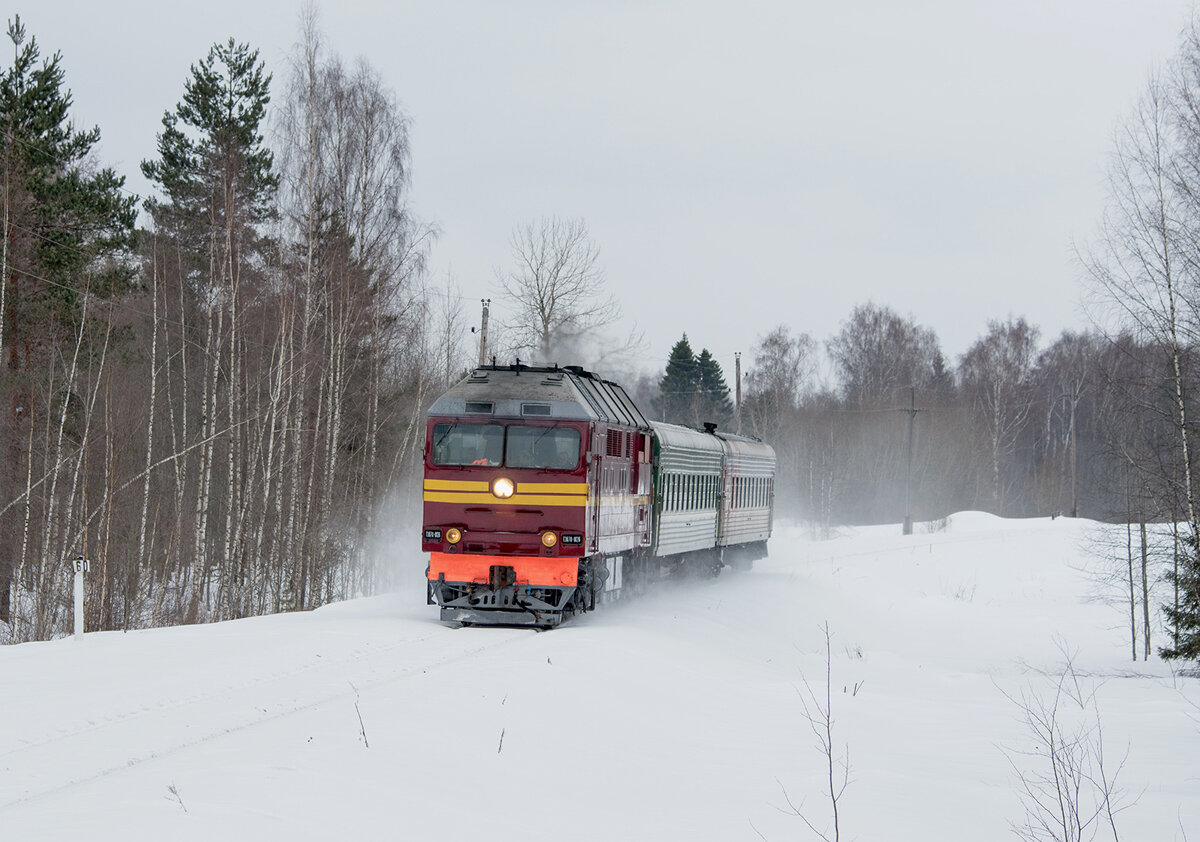 Пригородный поезд №6691 сообщением Бологое-Осташков следует по заповедной Бологое-Полоцкой железной дороге, 59 км перегон Фирово-Осташков. Фото: Сергей Смирнов