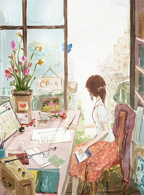 К сожалению, не нашла автора этой иллюстрации, но немного похоже на меня -- когда пишешь, на столе и бумаги, и ноутбук, и книги, и чашечка кофе :) 