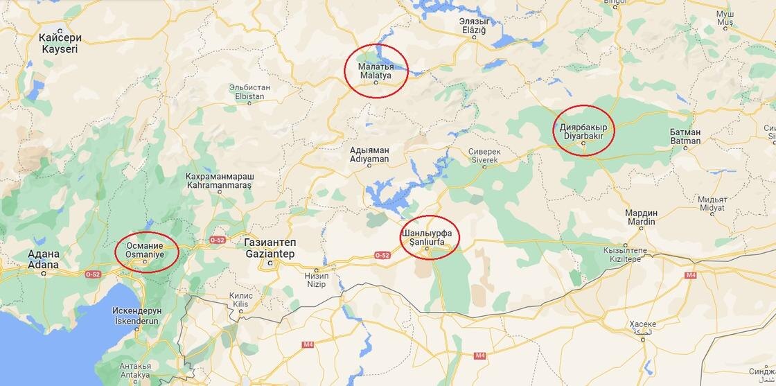    Пострадавшие регионы в Турции:Google Maps