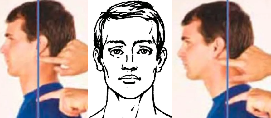 Слева правильно - ухо ровно над плечом. Справа неправильно - голова вперёд