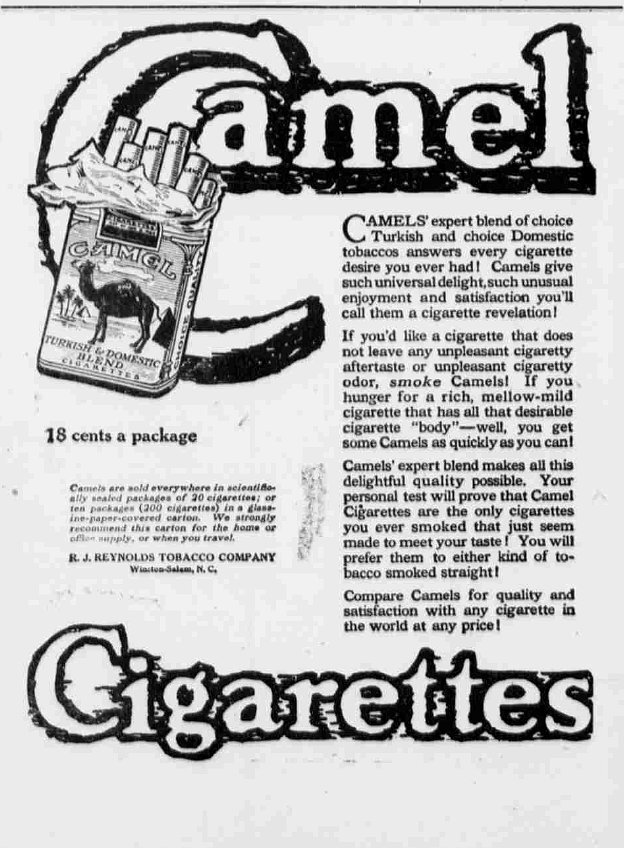  Camel Cigarettes - The Ontario Argus. (Ontario, Or.), 09 Oct. 1919. Chronicling America: Historic American Newspapers. Lib. of Congress.