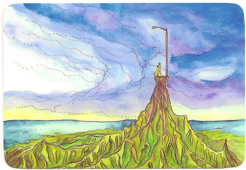 В качестве иллюстрации использована карта из  ресурсной МАК-колоды нити.  Для меня это рано утром вставшая девушка, которая реализовала все свои планы и  стоит на горе счастливая.