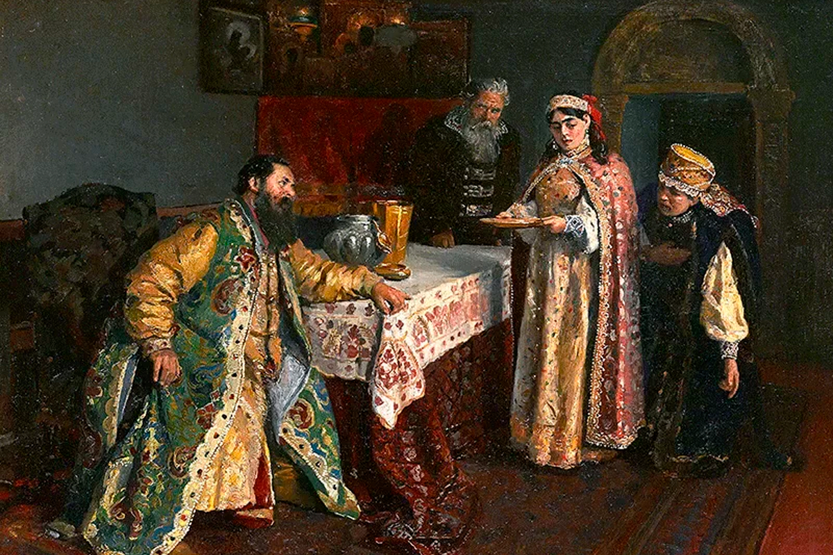 Русский 17 века. Рябушкин Домострой. А. Маковский. Гостеприимство. 1901. Семья на Руси Домострой. Маковский Александр гостеприимство.