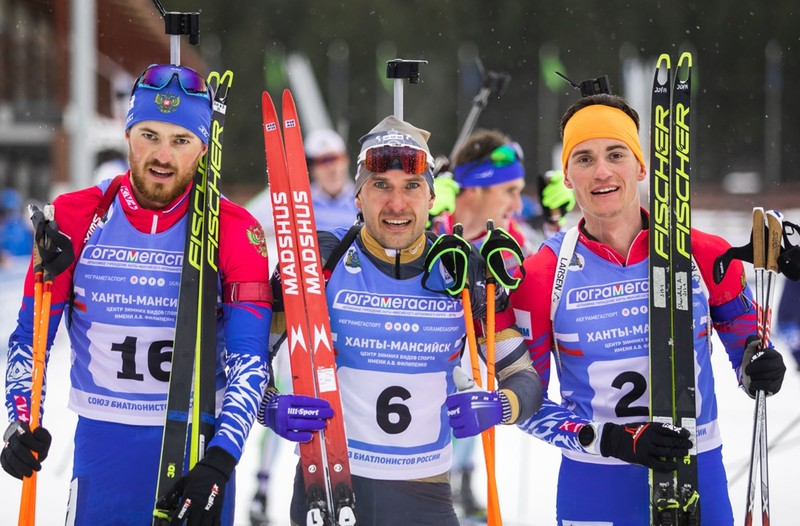 Призёры мужского масс-старта Антон Бабиков (серебро), Евгений Гараничев (золото) и Алексей Шевченко (бронза). ©ЮграМегаСпорт