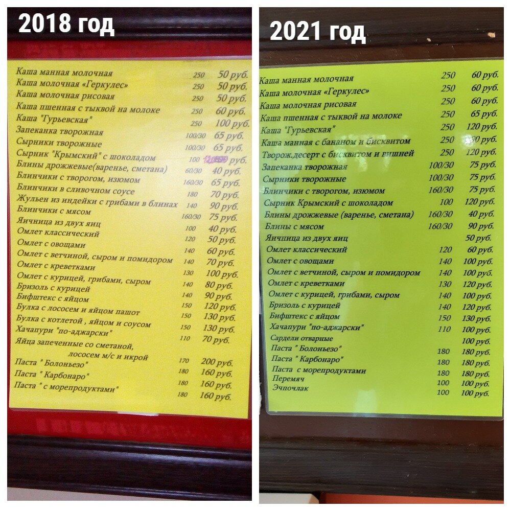 Желтое меню 2018 года, зеленое 2021 года. Листайте галерею, там продолжение