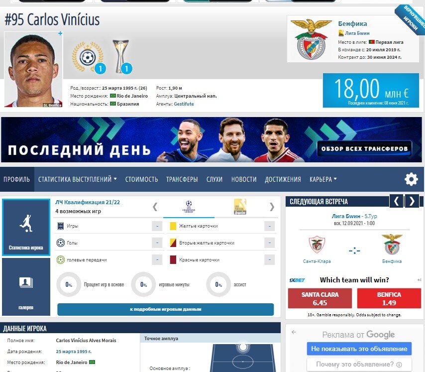 Профиль Винисиуса. Скрин из трансфермаркта