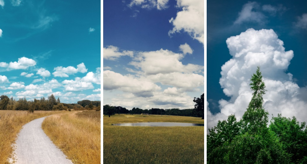 Слева - кучевое плоское облако, в середине - кучевое среднее, справа - кучевое мощное.