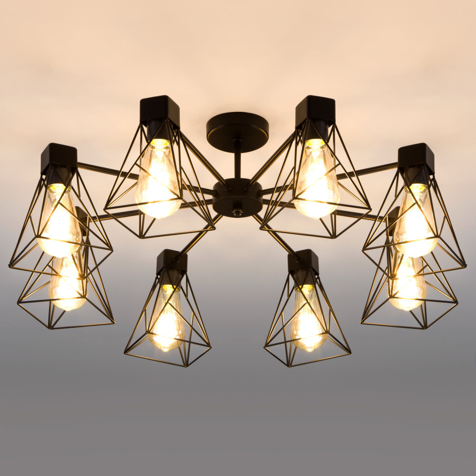 Живое фото - Потолочная люстра в стиле лофт Trappola 8 черный - Gem Lamp