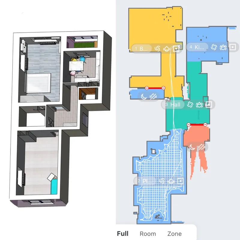 Модель квартиры автора и карта построенная в приложении Roborock