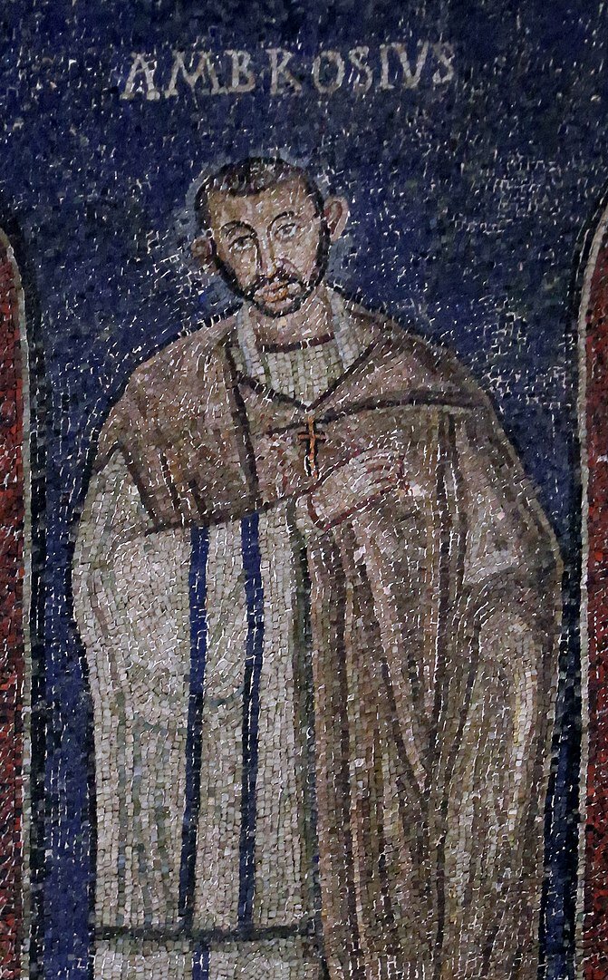 Св. Амвросий Медиоланский. Мозаика в Basilica di Sant’Ambrogio, предп. Vв.
Святитель часто на изображениях имеет яркие индивидуальные черты, т.о. мы можем судить о его внешности с большой долей вероятности.