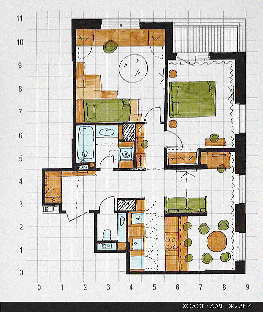 Эскиз планировки для молодой семьи с маленьким ребенком - вариант 1 