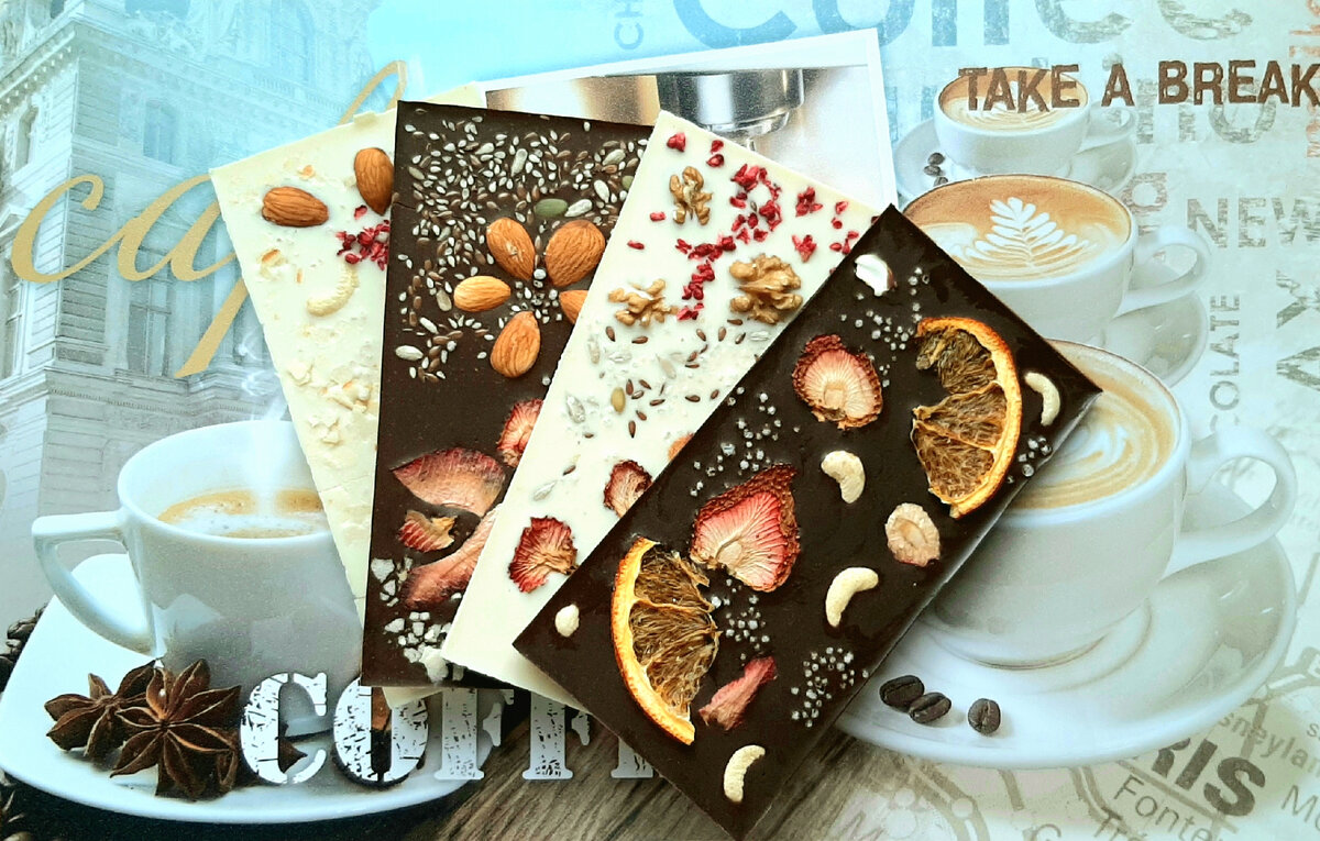 Горький шоколад 75%, белый 50%. Шоколад изготовлен собственноручно)