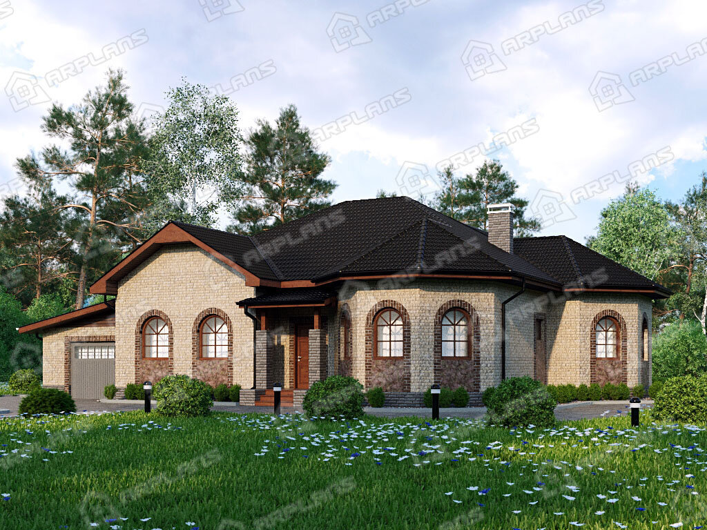 Фото 1 одноэтажного дома из газобетона с 3 спальнями, эркером, газовой котельной, террасой и гаражом. Общая площадь до 200 (198) кв м. Источник arplans.ru Проект К-251