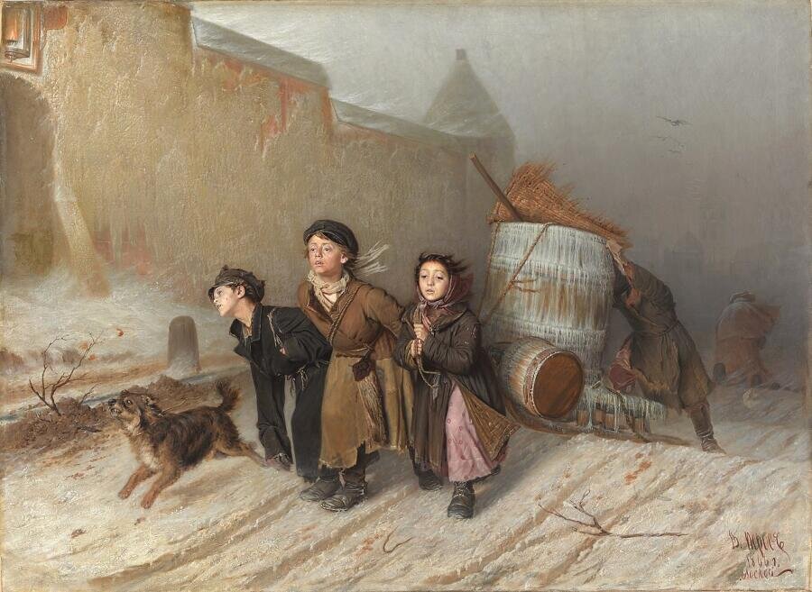    В. Г. Перов, «Тройка. Ученики-мастеровые везут воду», 1866 г. Фото: общественное достояние