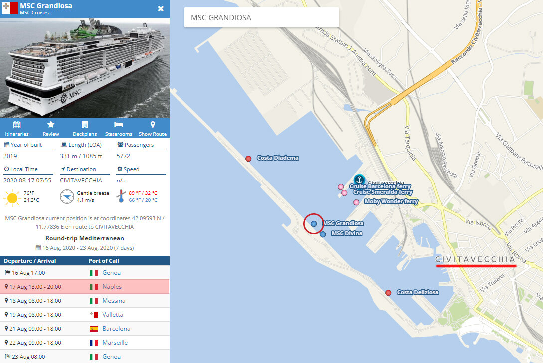 2020-08-17 08:05  CIVITAVECCHIA, а первоначально, согласно https://www.cruisemapper.com, планировалось после Genoa посещение Naples 