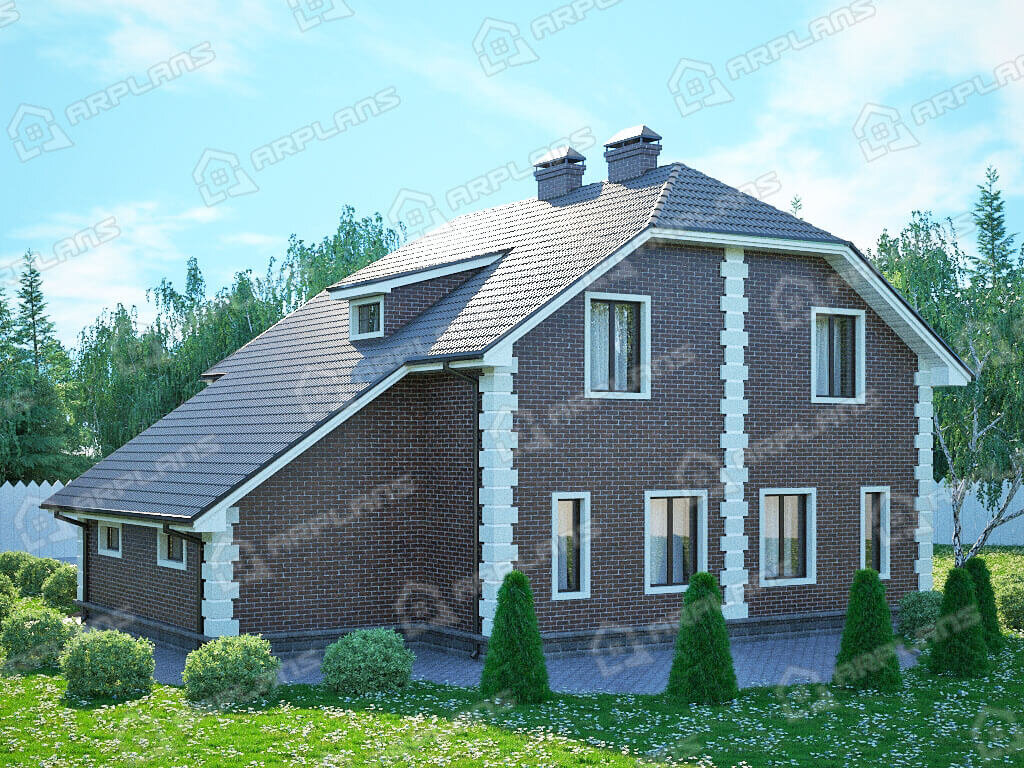 Фото 2 двухэтажного дома из газобетона с мансардой, 4 спальнями, балконом и гаражом. 170 кв м . Источник arplans.ru Проект К-140