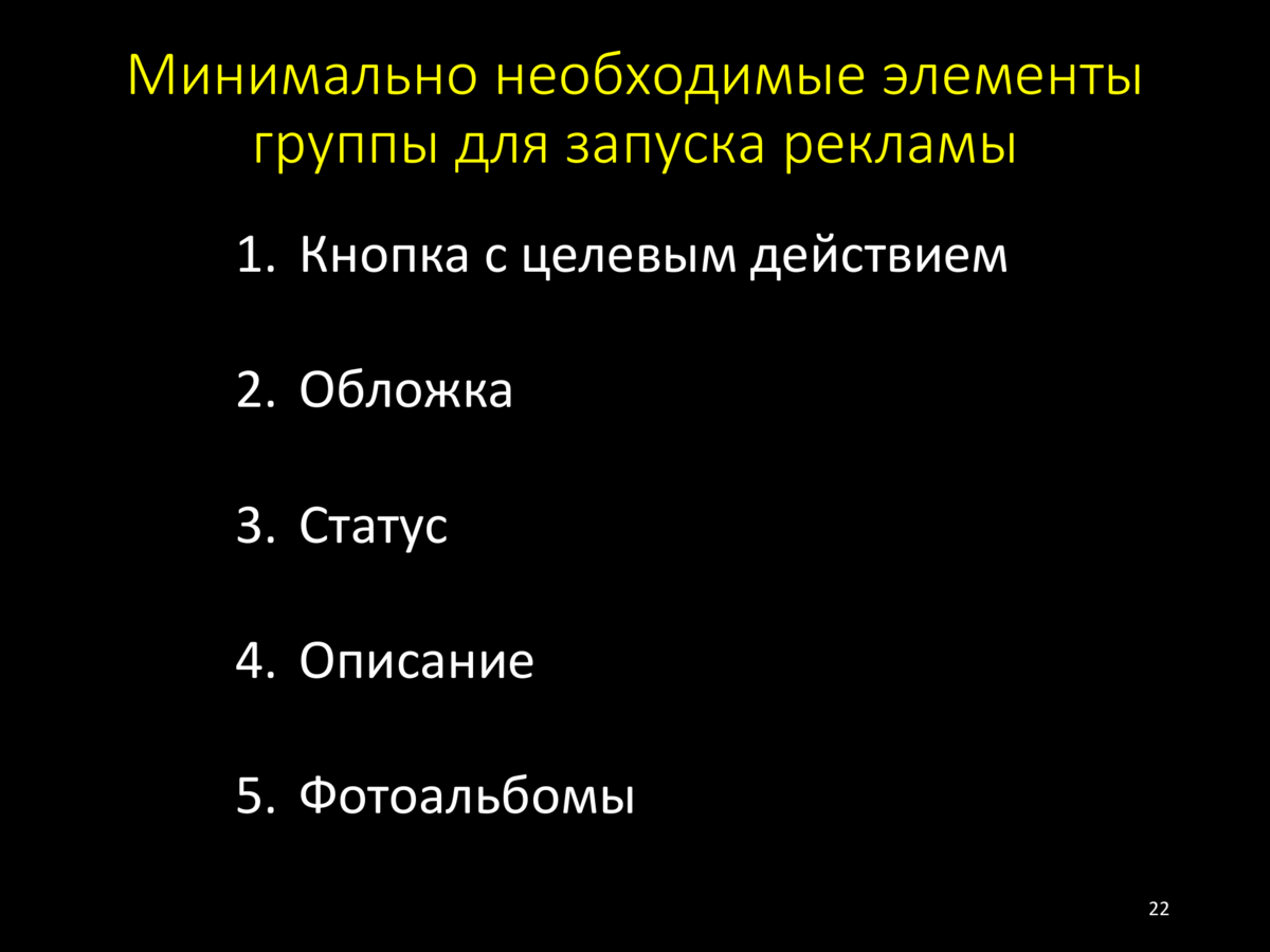 Минимально необходимые элементы для запуска рекламы