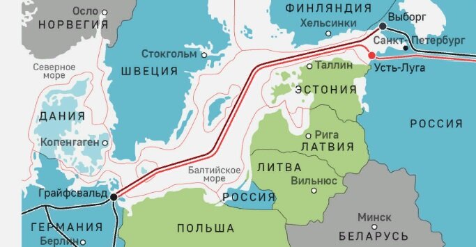 План газопровода Северный Поток-2.Хорошо видно,что у побережья Германии газопровод должен пересечь территориальные воды принадлежащего Дании одинокого острова Борнхольм.(Яндекс Картинки\эксперт.ру).