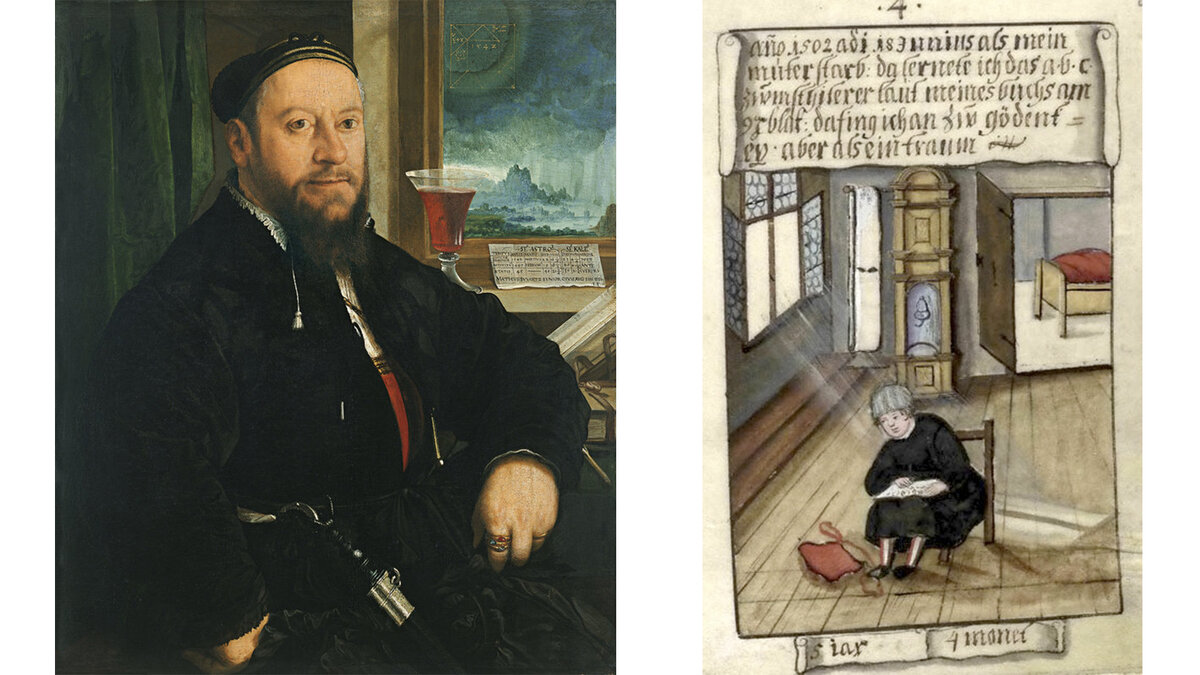 Рисунок слева: Маттеус Шварц. Картина Христофа Амбергера. 1542 год
Рисунок справа: Страница из книги.