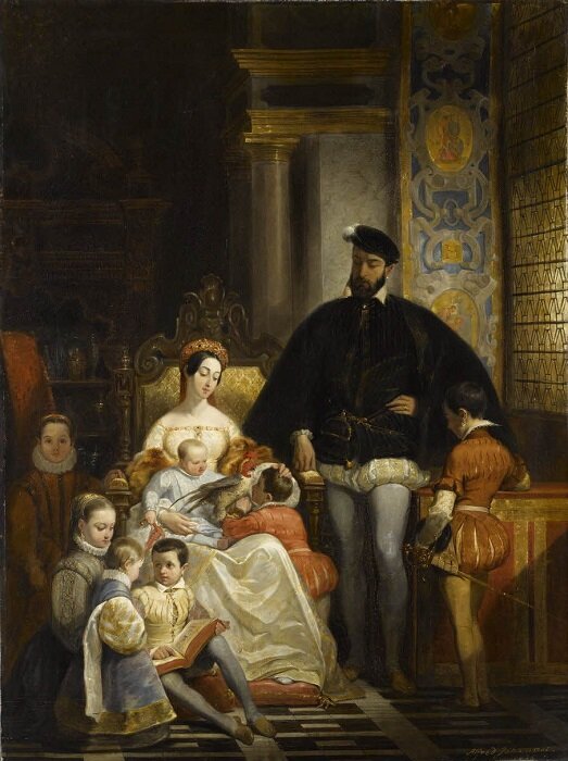 Педро Гонсалеса, он же Петрус Гонсалвус, нет на этой картине, но он рос вместе с французскими принцами и принцессой. Художник Альфред Жоанно.