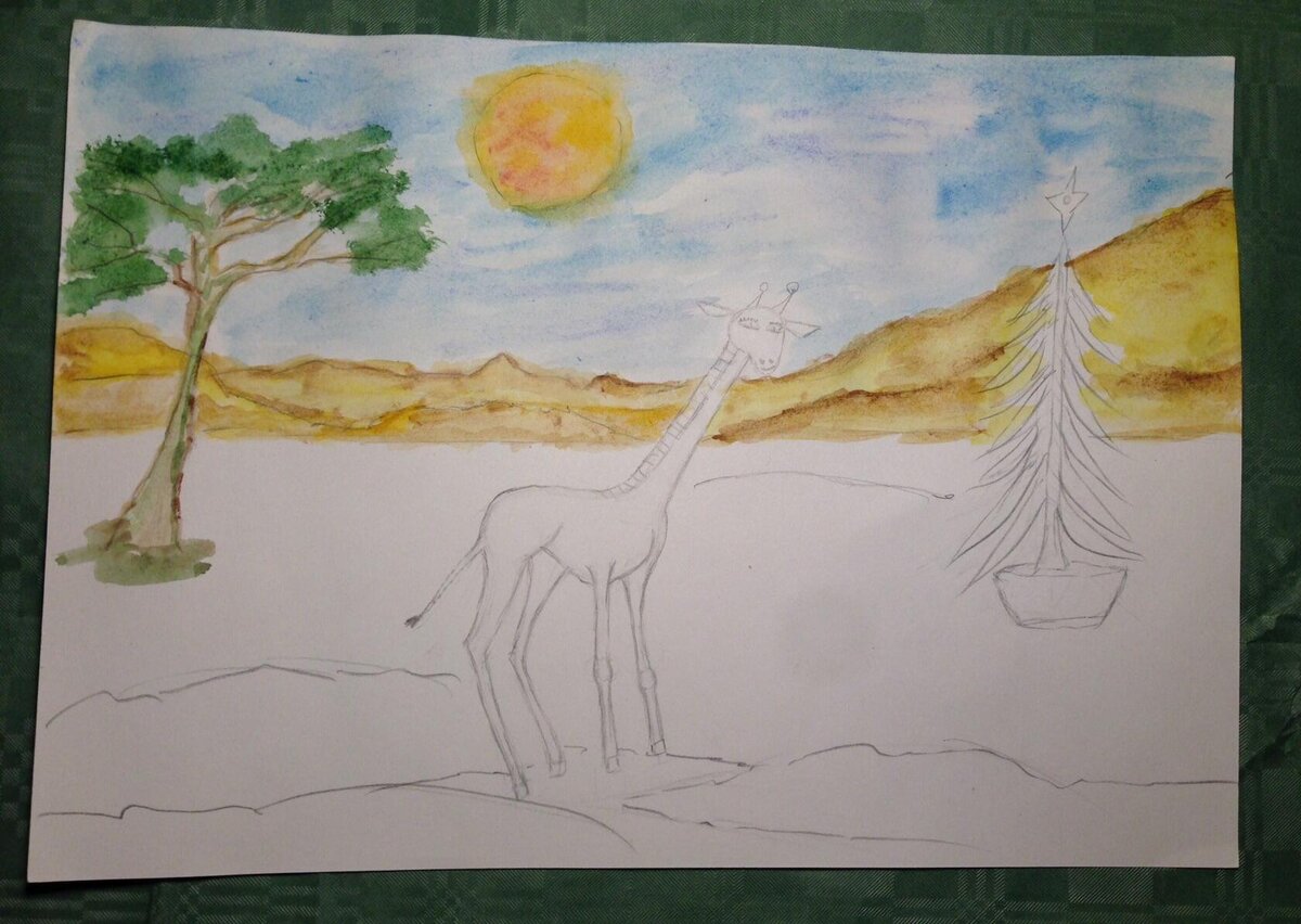 Теперь включаем фантазию! Рисуем травку, палящее  солнце, небо и, конечно ,подарок для жирафа-Елку!