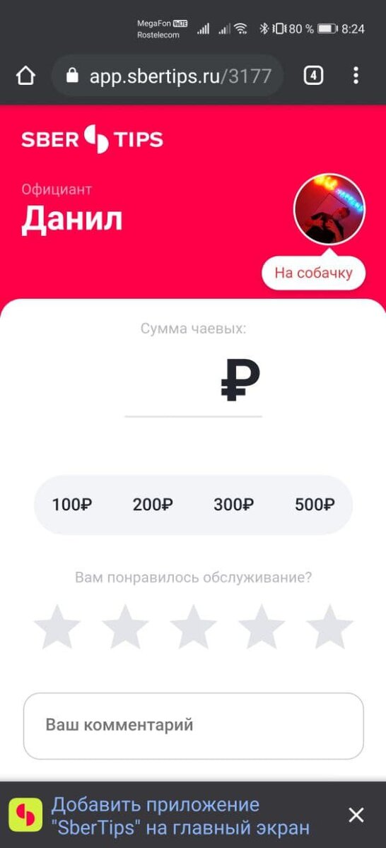 QR код официанта Данилы привел на сайт sbertips.ru