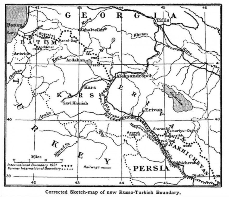 Границы республик Закавказья с Турцией по Московскому и Карскому договорам 1921 г.