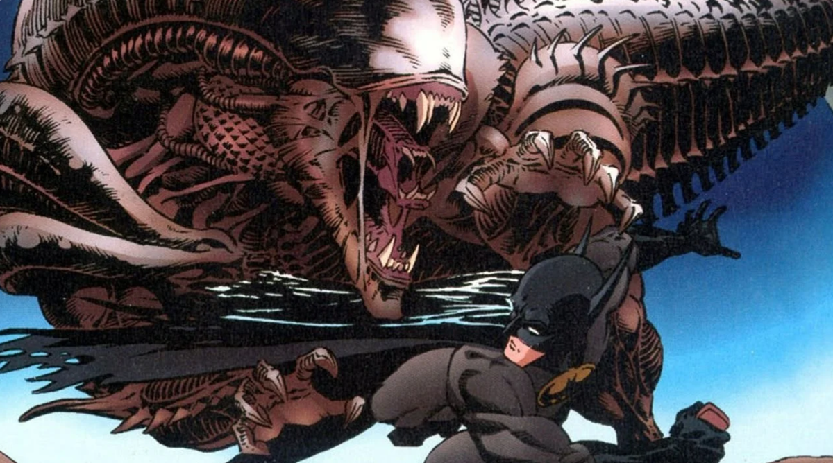 Огромный чужой. Ксеноморф крокодил. Batman Xenomorf. Batman versus Predator 1997.