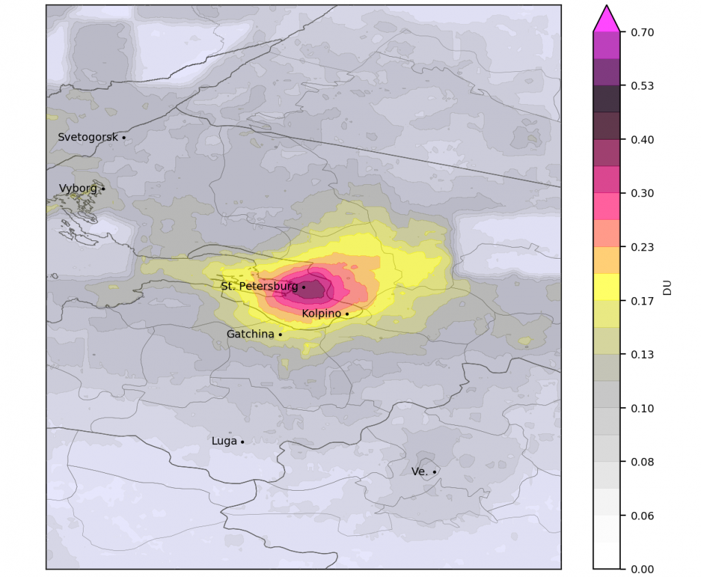 Показатели загрязнения воздуха в Санкт-Петербурге. Единица Добсона (DU) - это единица измерения количества следового газа в вертикальном столбе, проходящем через атмосферу Земли.