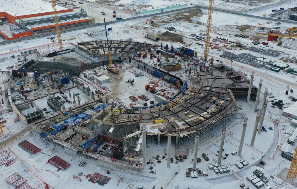 Строительство многофункционального спортивного-комплекса G-Drive Арена в Омске, январь 2021 года