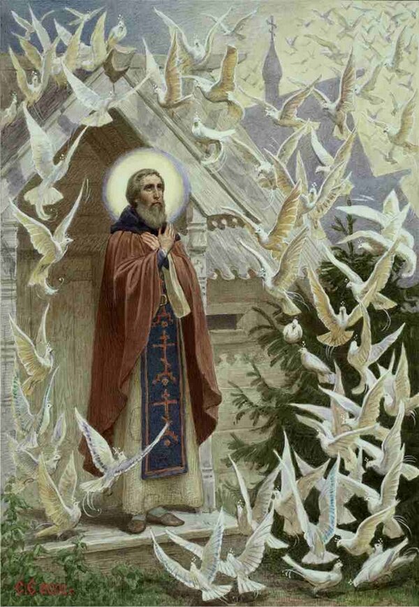 «Чудо о птицах», Сергей Ефошкин. «Сергий, ты молишься о своих учениках, и молитва твоя услышана. Посмотри, сколько монахов собирается под твое руководство!» – однажды услышал во время молитвы Преподобный и увидел множество птиц. Из обители преподобного Сергия вышла плеяда основателей монастырей по всей России