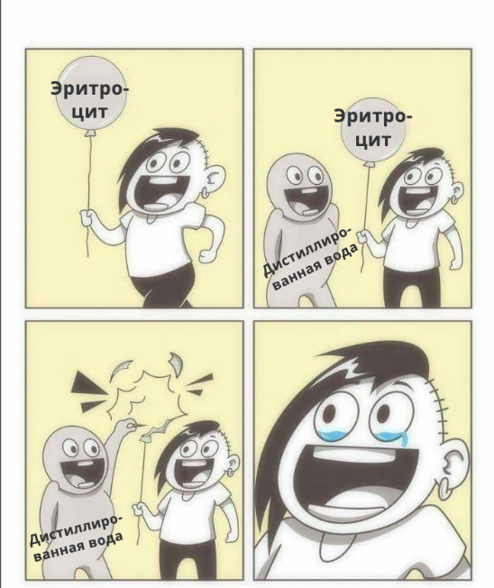 Если поместить клетку в дистиллированную воду, то из-за осмоса в нее будет поступать вода, и в конце концов клетка разбухнет и лопнет