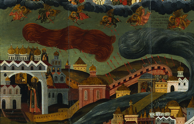 Видение хутынского пономаря Тарасия. Фрагмент иконы. Новгород, конец XVII — начало XVIII века