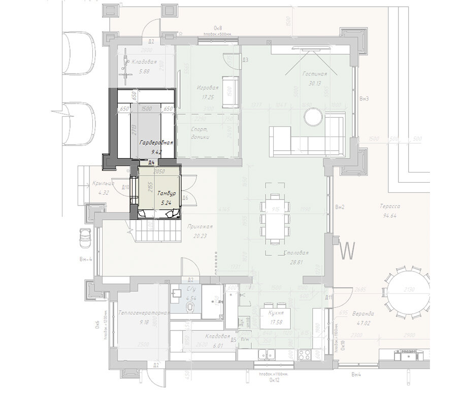 Небольшой тамбур с пуфом для переобувания и крючками для того чтобы быстро повесить кофту можно дополнять гардеробной комнатой