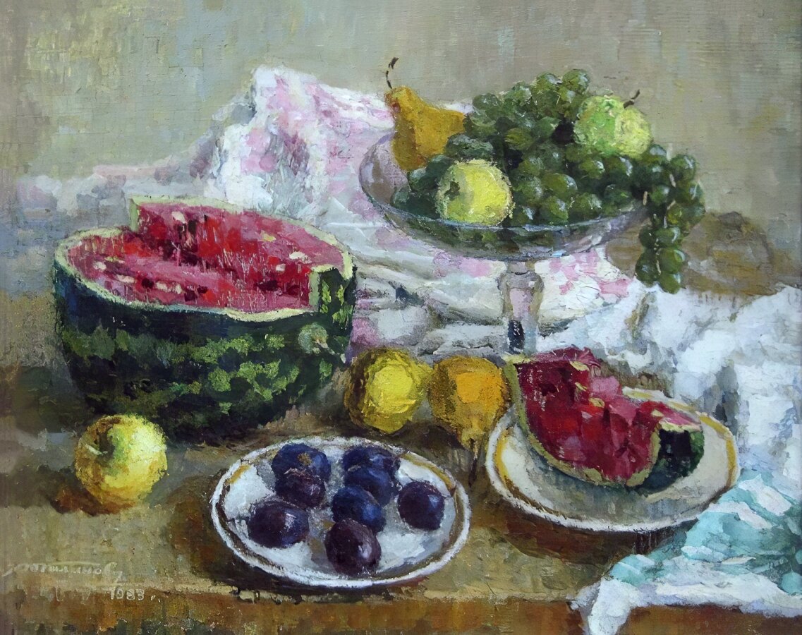 2. Галанов Николай Михайлович. Фрукты. Холст, масло. 50х60. 1983. Удмуртский республиканский музей изобразительных искусств. Изображение отсюда: yavarda.ru 