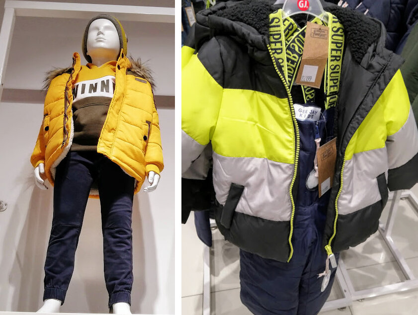 Горчичная куртка 2999 руб, полосатая 2199 руб, полукомбинезон 1999 руб.