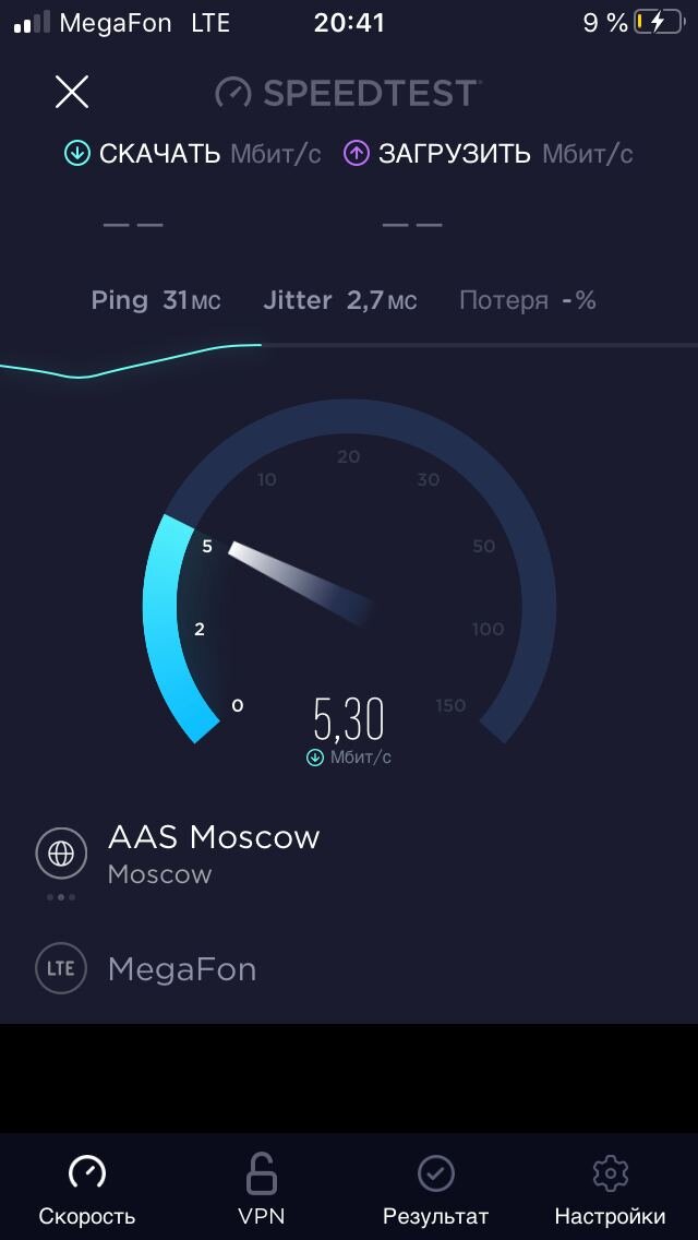 Замер SpeedTest вечером. Днем примерно 20Мбит/Сек