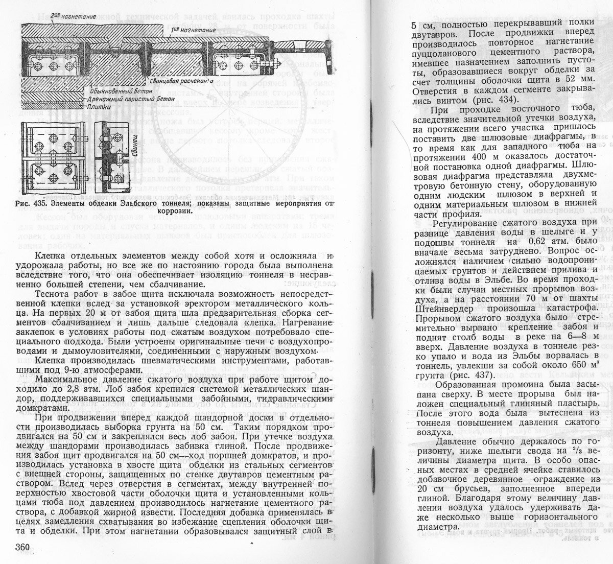 20. Устройство обделки в разрезе. Показан дополнительный бетон. А справа рассказ про прорыв плывуна и затопление тоннеля.