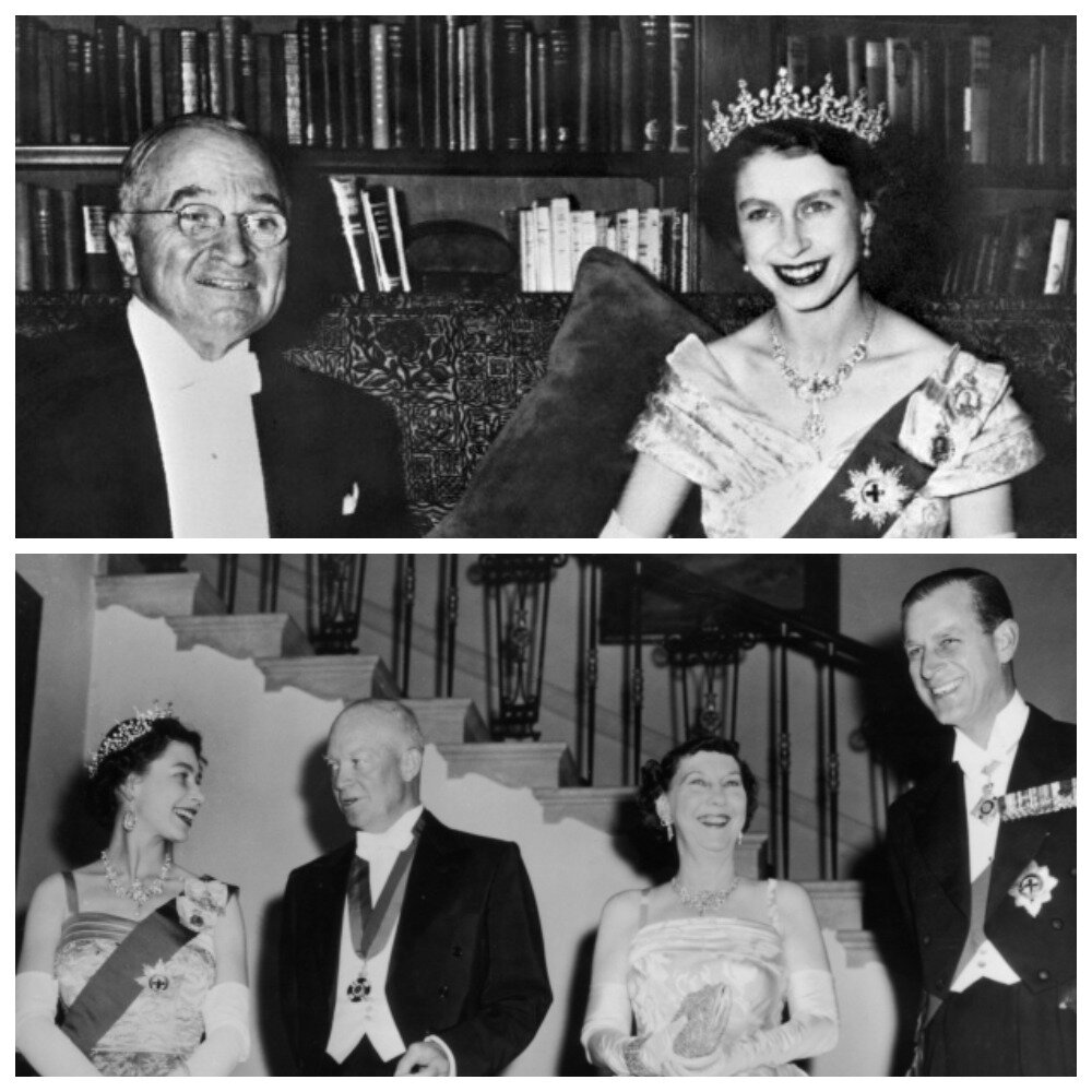 Первое фото - принцесса с президентом Гарри Трумэном в 1951 году. Второе фото - королевская чета  и Дуайт Эйзенхауэр с женой в 1957 году.