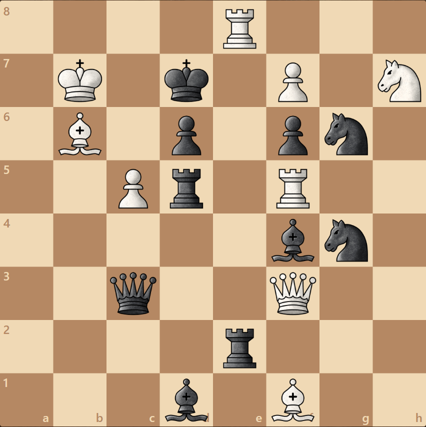 мат в 2 хода, ход белых. ФЕН - 4R3/1K1k1P1N/1B1p1pn1/2Pr1R2/5bn1/2q2Q2/4r3/3b1B2
