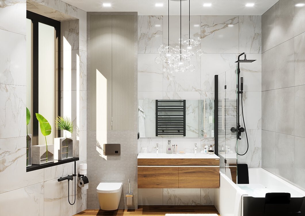 Ванная комната с керамогранитом под мрамор из коллекции MARBLE TREND от KERRANOVA