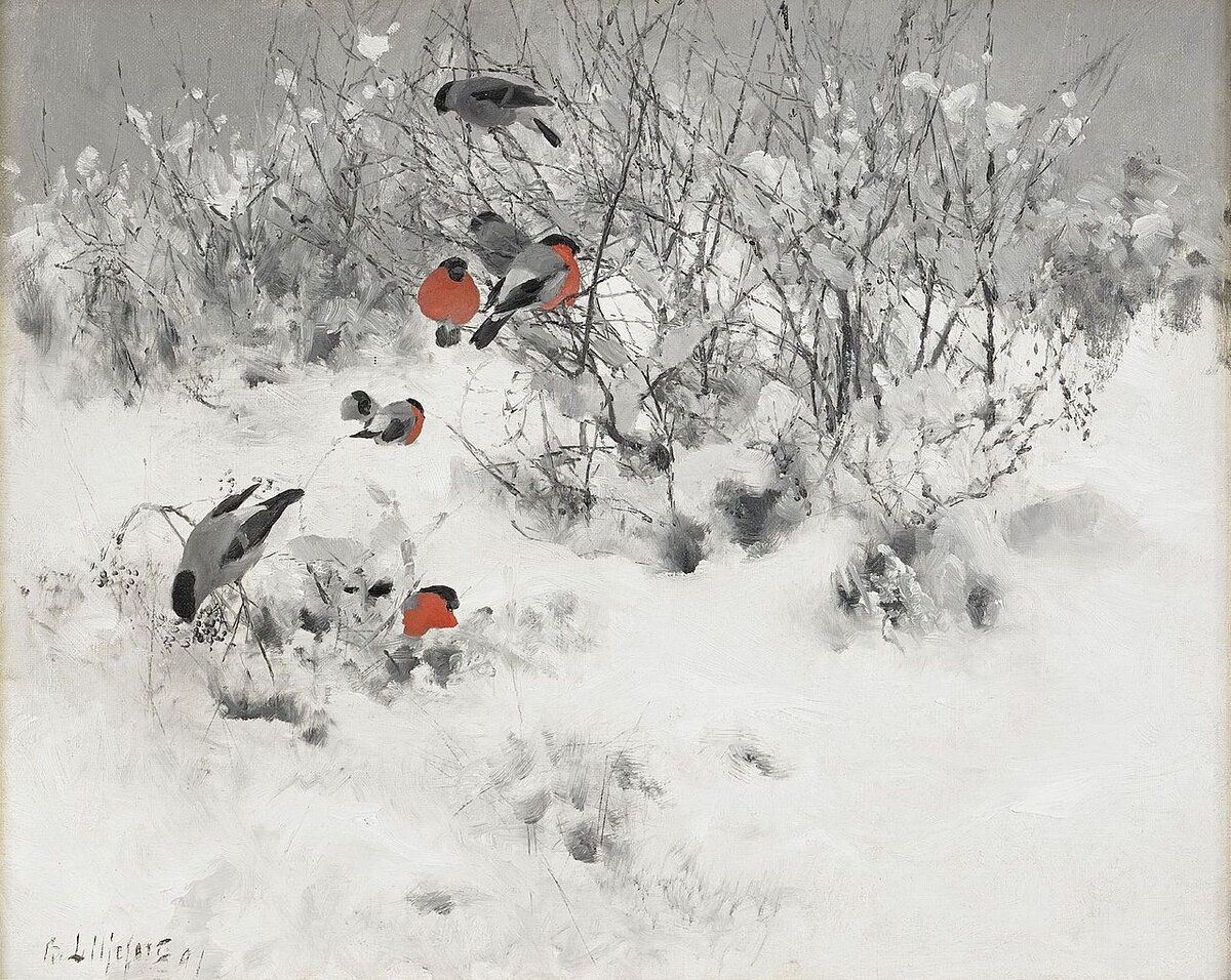 Бруно Лильефорс. "Зимний пейзаж со снегирями", 1891