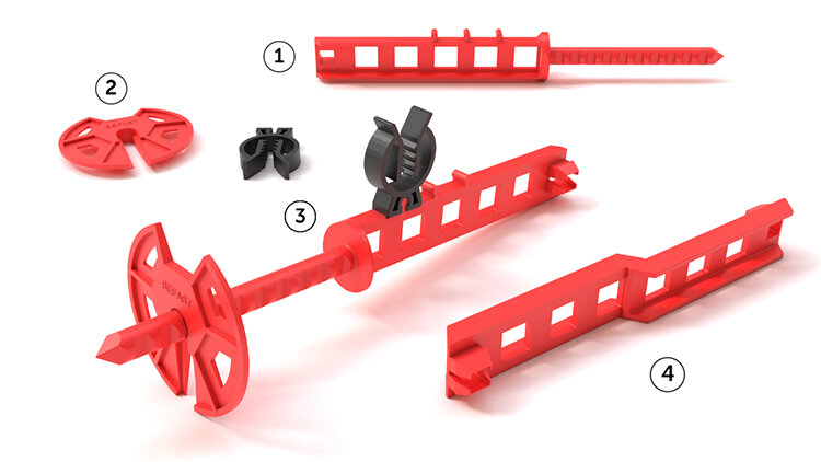 1. Стяжка 
 - Основной конструктивный элемент

2. Фиксатор
 - Фиксация листовых материалов (щитов опалубки)   

3. Клипса для арматуры
 - Фиксация арматуры в проектном положении

4. Удлинитель
 - Регулировка толщины бетонной части   